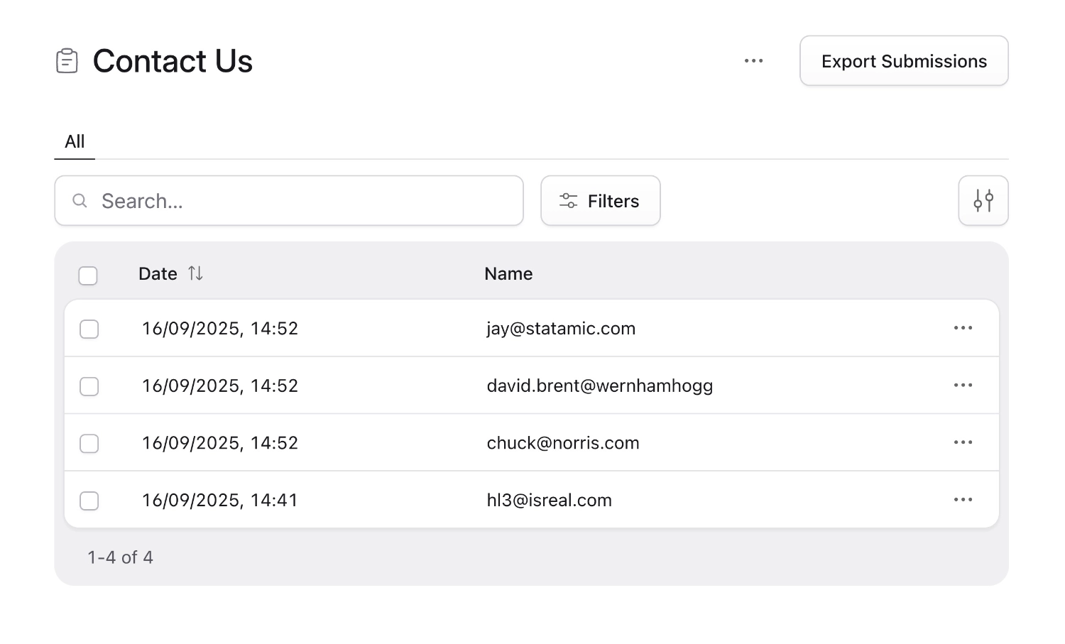 List of form submissions in the control panel