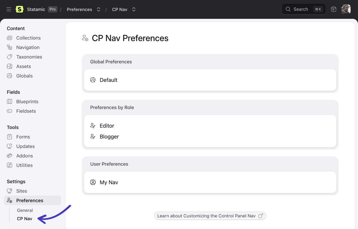 CP Nav Preferences