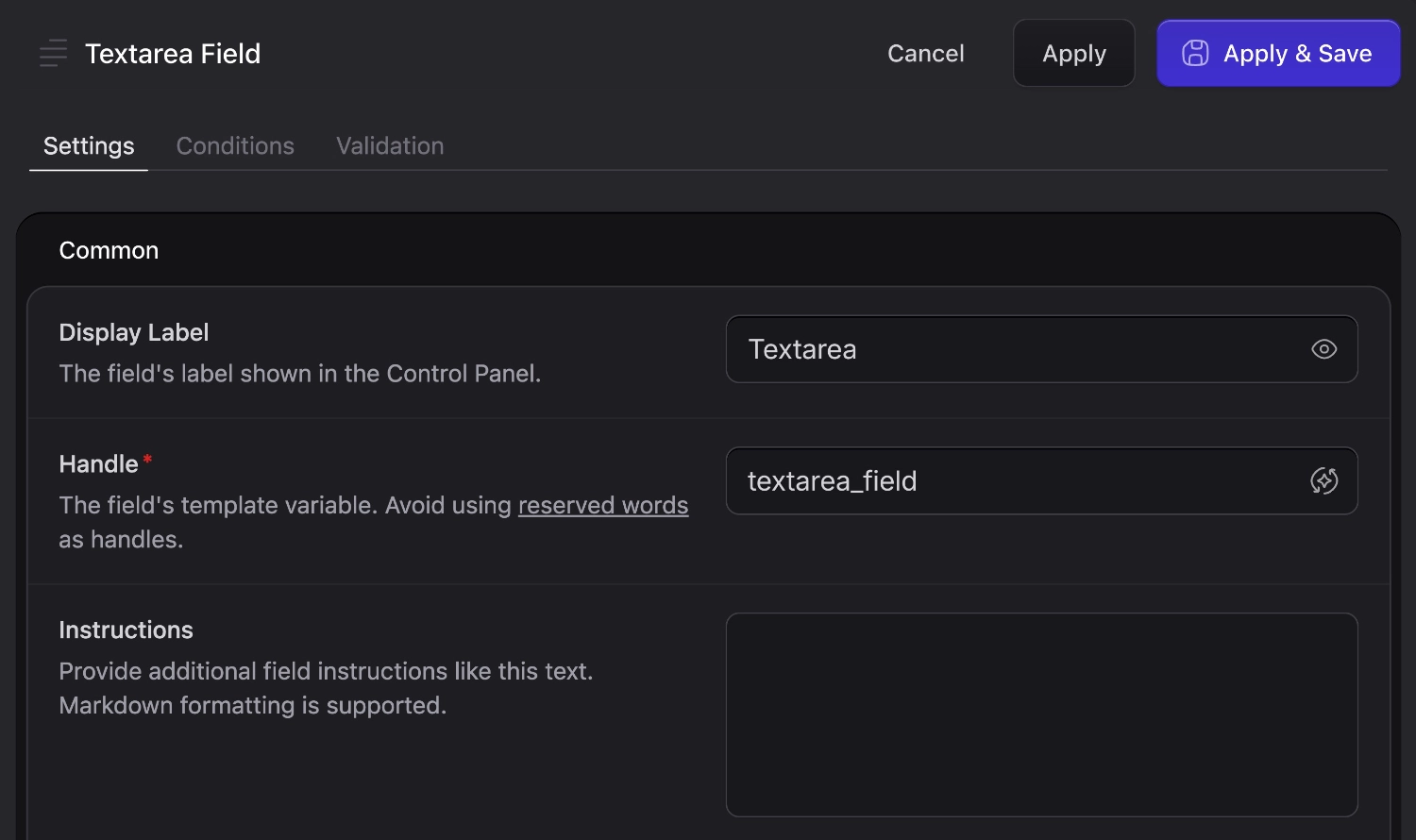 Textarea field settings