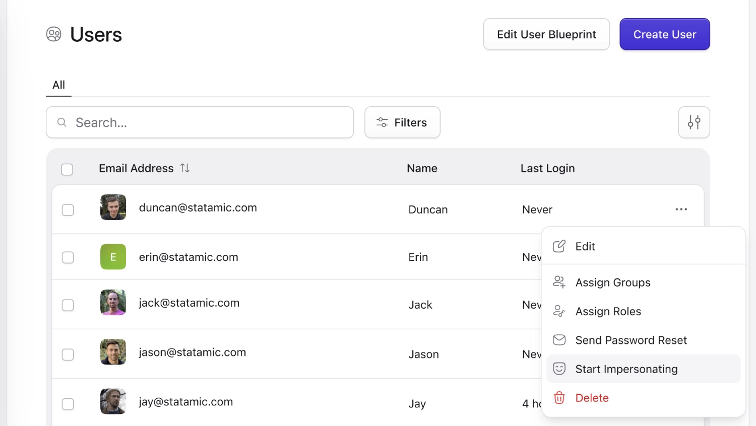 List view of Statamic Control Panel users with a dropdown showing various options, one of them being 'Start Impersonation'